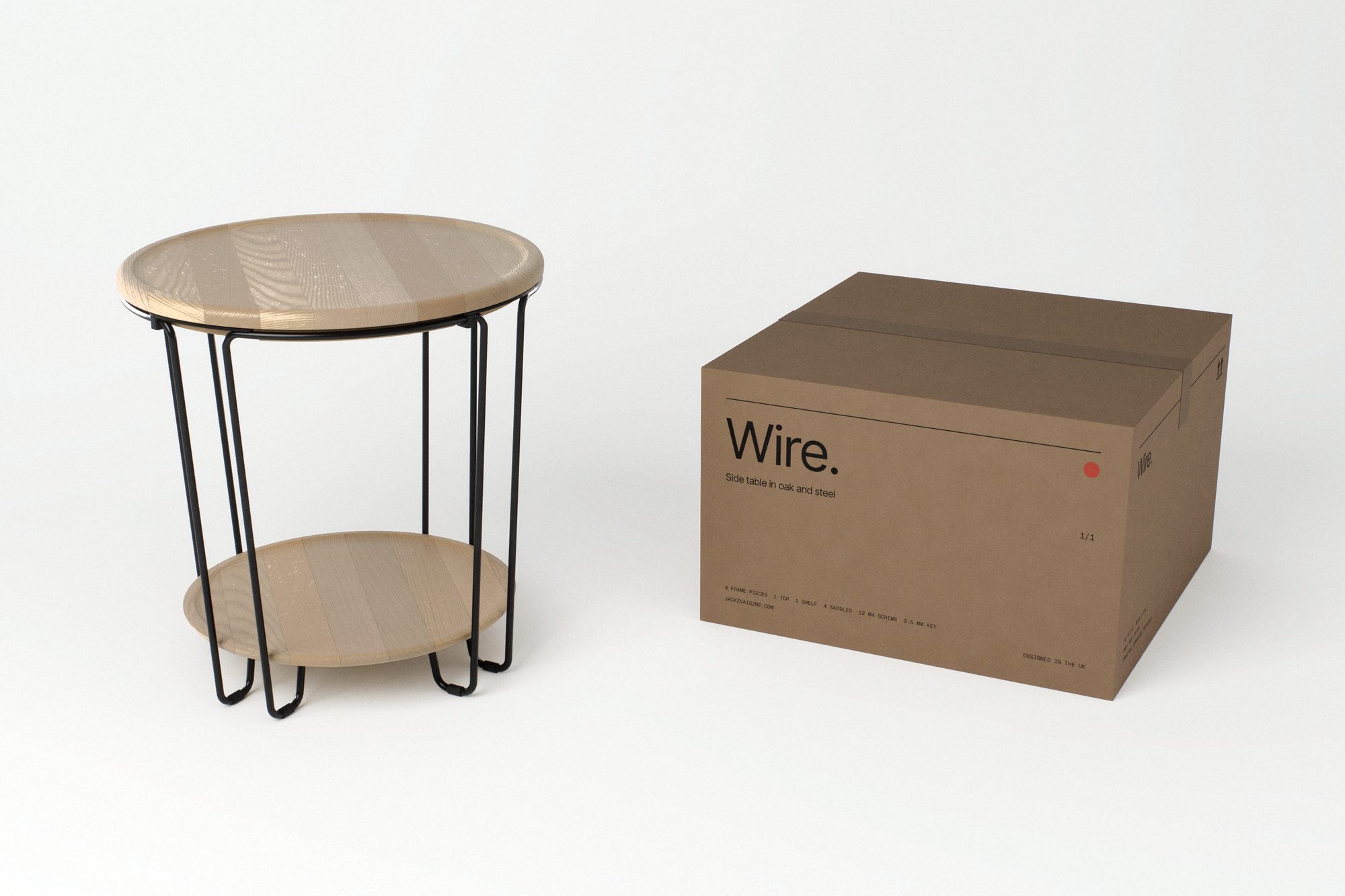 The table beside its kraft carton printed with the Wire name and contents list