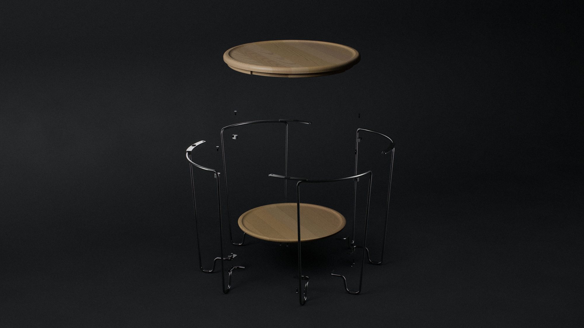 Exploded render: oak top lifted above four identical wire frame pieces drawn apart, shelf inside