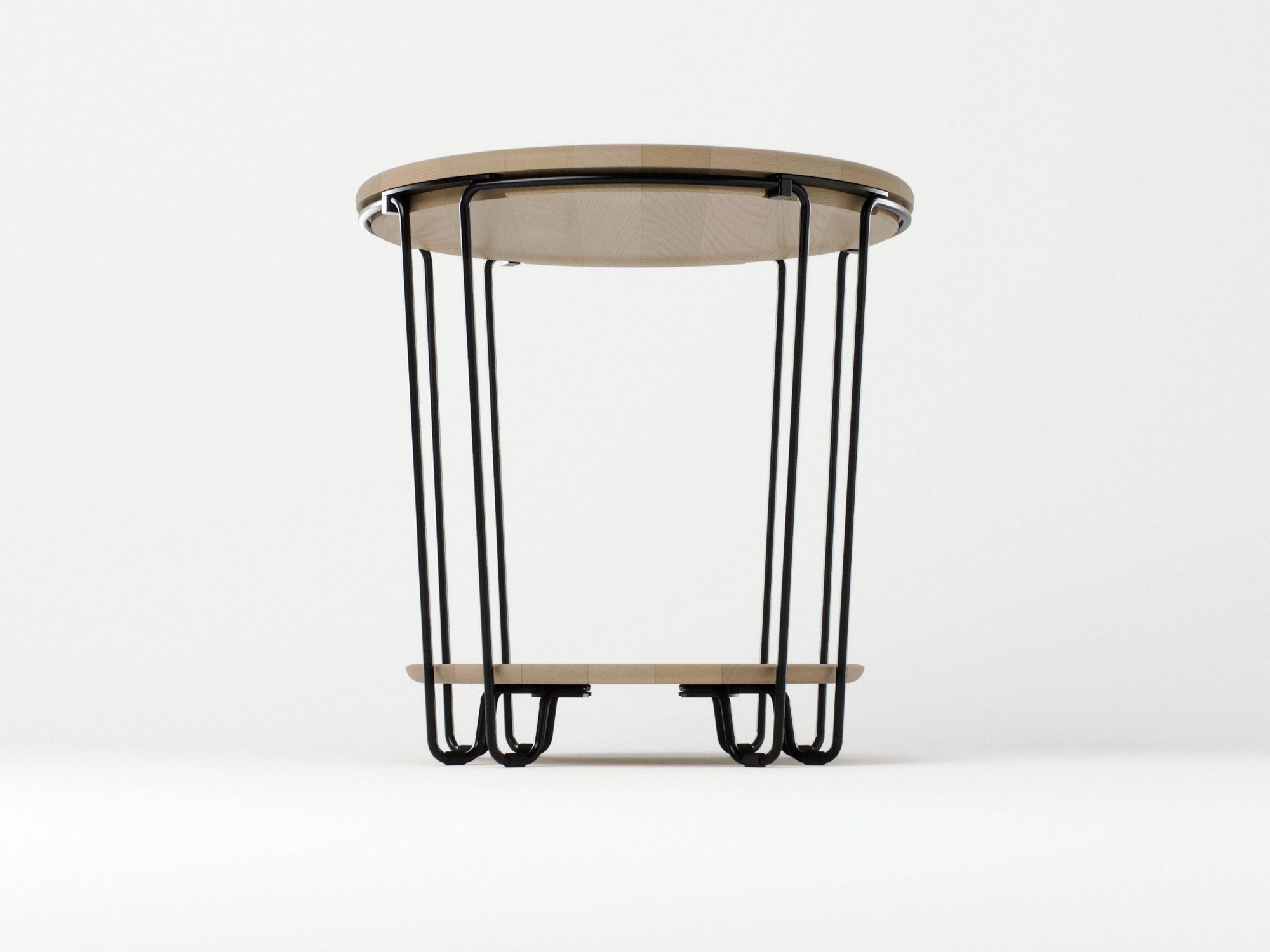 Front view of the table: tapered wire frame, oak top and lower shelf