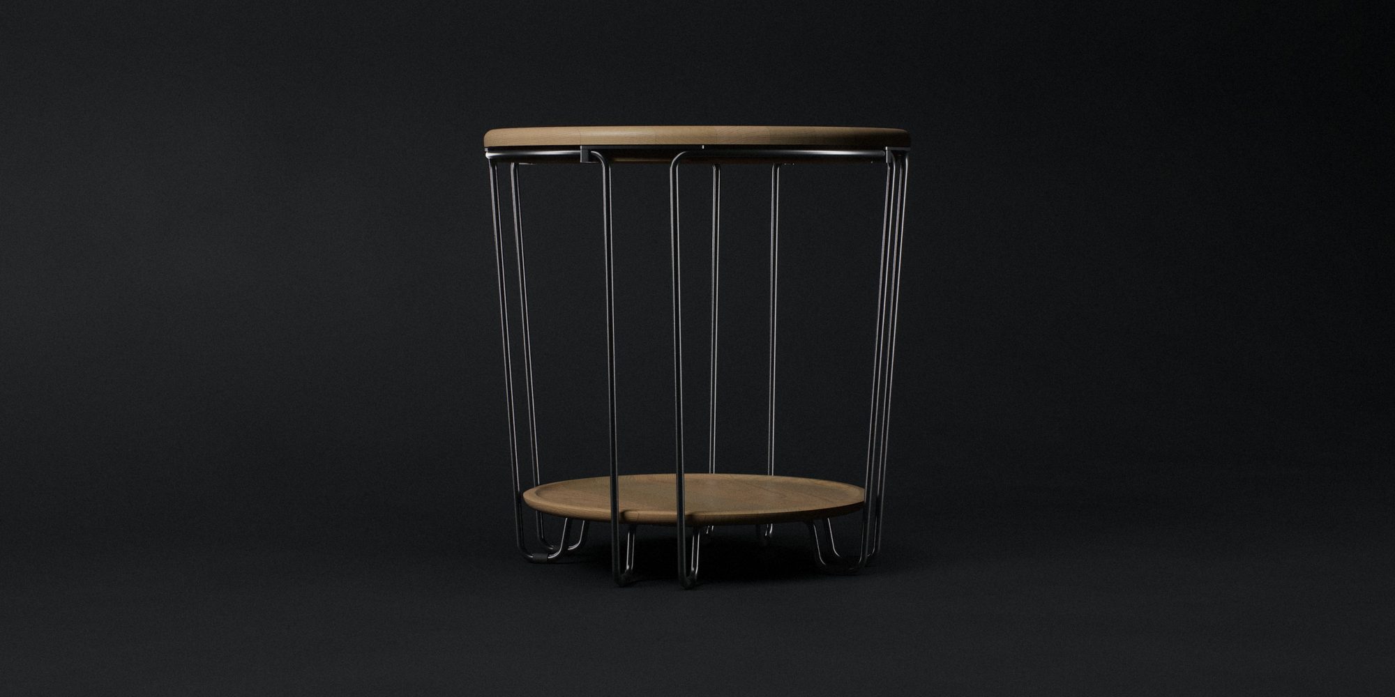 Wire side table: an oak top and shelf held by a frame of black bent wire, on a dark graphite studio background