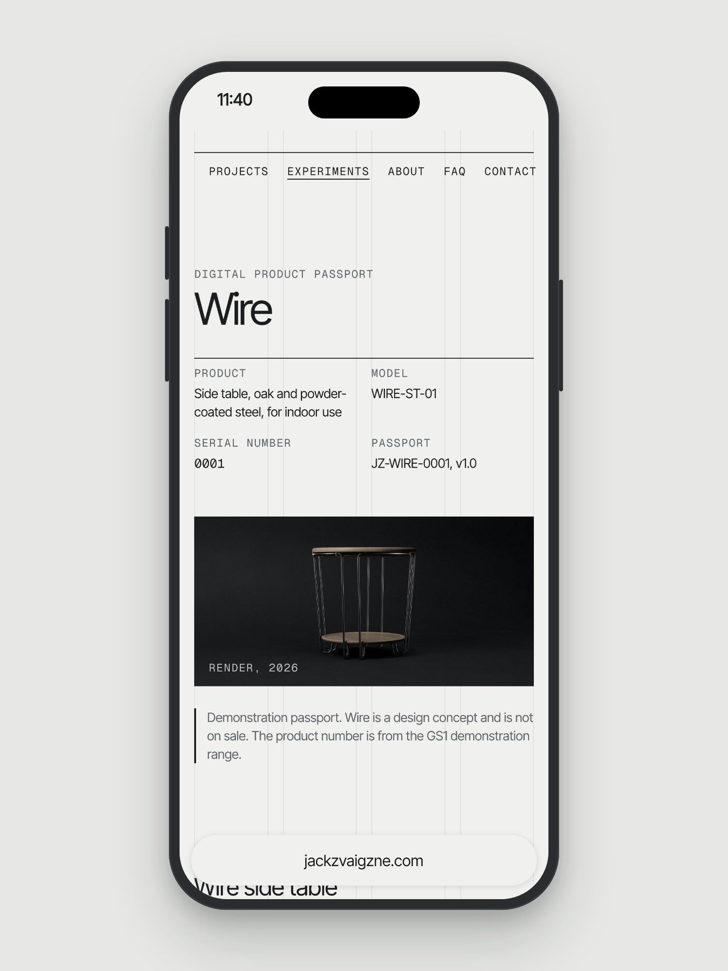 Mockup: the Wire digital product passport open on a phone, showing the product, model, serial number and passport ID