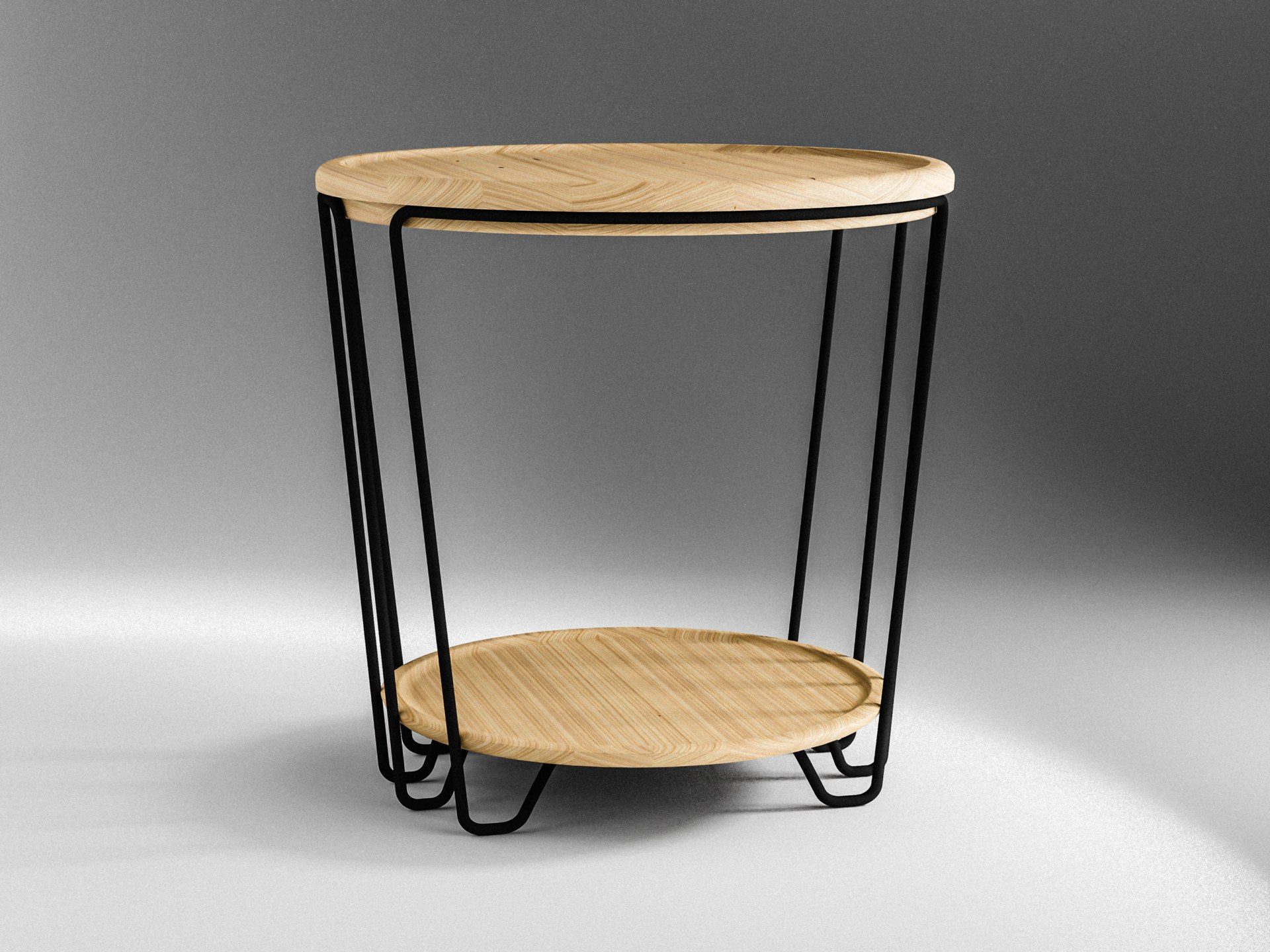 The 2020 Wire table: oak top and shelf on a black bent-wire frame, in a pale grey studio
